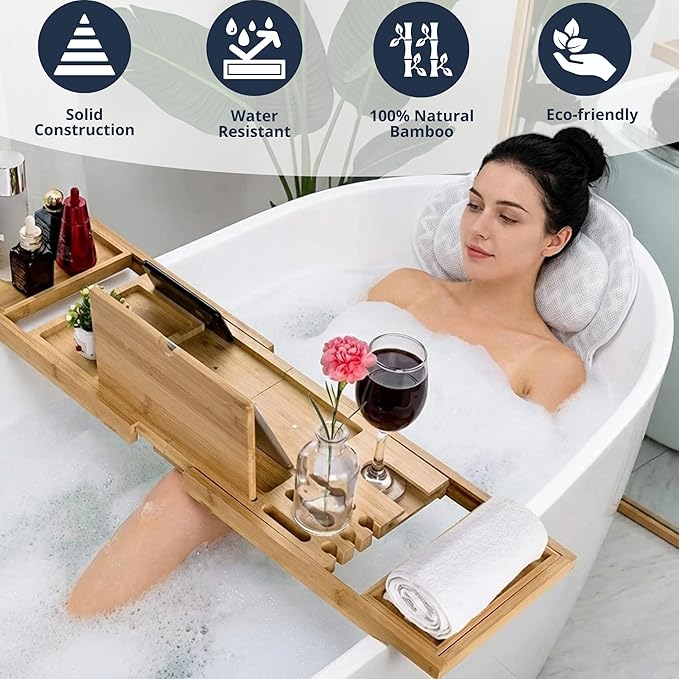 Bathtub Tray Wood Bamboo Caddy Expandable 29 to 42.5 Inch Foldable Design with Wine Glass Holder and Ergonomic Pillow Premium Home Spa Organizer for Luxury Soaking Relaxation
