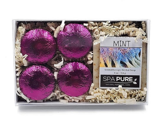 Spa Pure Aromatherapy Gift Set - Lavender Mint Artisan Soap & 4 Shower Steamers - Made with Plant Based Ingredients - Cotton Shower Bag & Soap Bag