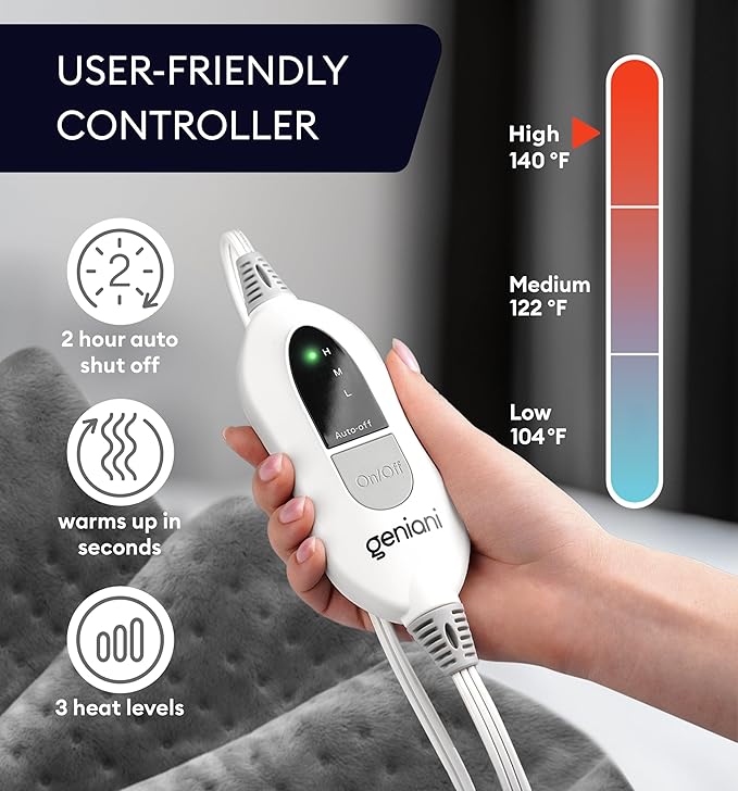 GENIANI Electric Heating Pad for Back Pain & Cramps Relief, Electric Throw, Auto Shut Off, Machine Washable, Heating Pad for Neck & Shoulder (12×24", Tabby Gray)