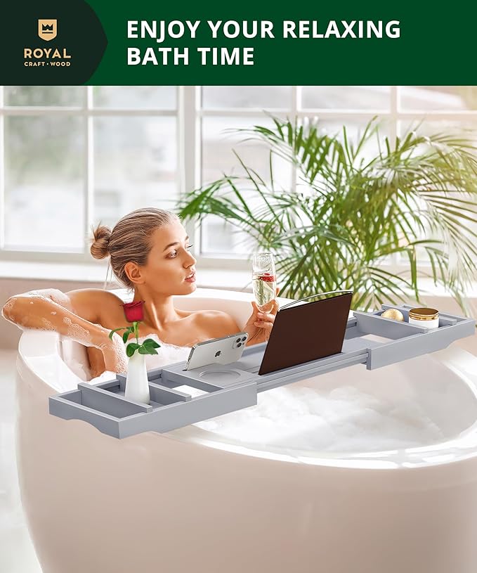 ROYAL CRAFT WOOD Premium Foldable Bathtub Tray Caddy - Wood Bath Tray for Tub, Bamboo Shelf, Expandable Bath Table Trays, Bathtub & Bathroom Accessories for New Home & Mothers, Birthday Gifts for Mom