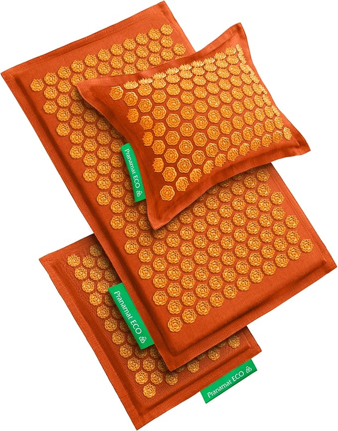 Acupressure Large & Small Mat with Pillow Set, Premium Acupressure Therapy for Pain Relief and Relaxation, Handcrafted in Europe with Sustainable and Natural Materials (Amber)