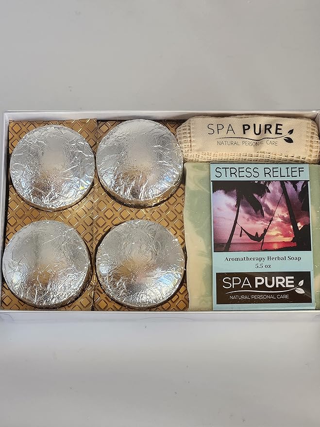 Spa Pure Aromatherapy Gift Set - Stress Relief Artisan Soap & 4 Shower Steamers - Made with Plant Based Ingredients - Cotton Shower Bag & Soap Bag