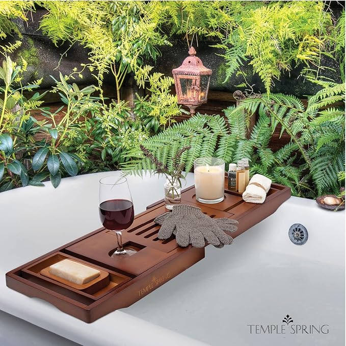 Temple Spring Wooden Bathtub Tray, Bamboo Bathroom Accessories, Bath Tray for Tub, at Home Spa Essentials, Board for Tub Table, Bath Caddy for Bathtub Accessories & Bathroom Essentials – Wood Brown