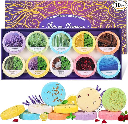10 Pack Shower Steamers Aromatherapy, Shower Bombs with Natural Essential Oils Self Care & Relaxation Gifts for Mother’s Day Women Her Birthday (Long Lasting Scent)