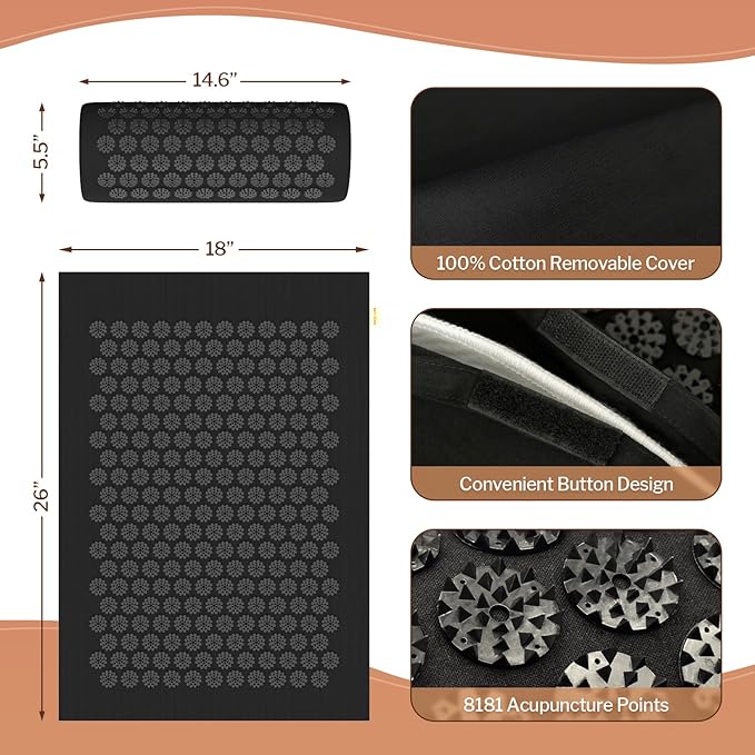 HOMLYNS Heated Acupuncture Mat - 6 Heat Levels with 2 Hours Auto Off and 4 Adjustable Time Settings, Heating Acupressure Mat Full Body Massage, Relieve Stress and Improve Sleep, Black
