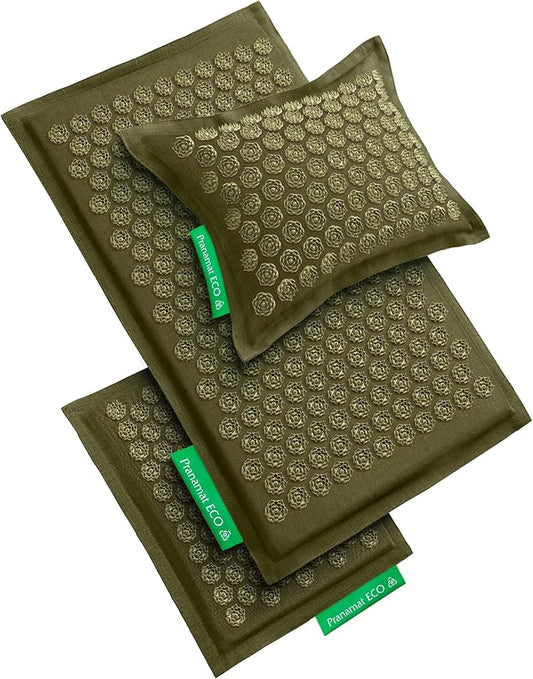 Acupressure Large & Small Mat with Pillow Set, Premium Acupressure Therapy for Pain Relief and Relaxation, Handcrafted in Europe with Sustainable and Natural Materials (Olive)