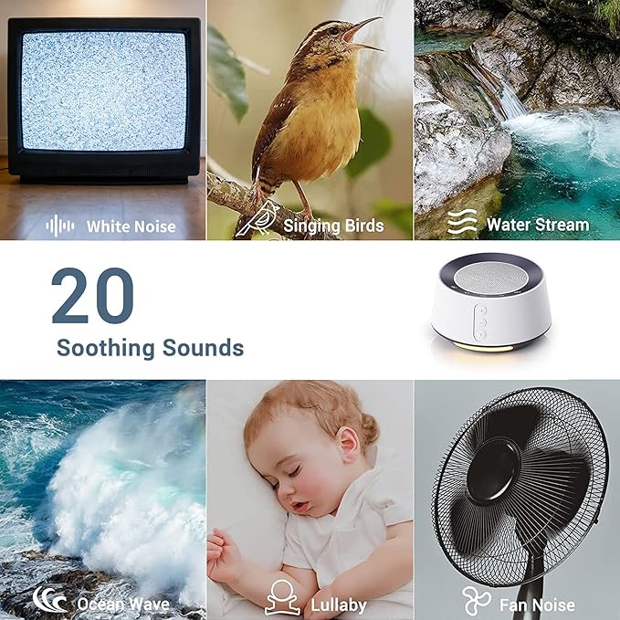 BGOVERSS White Noise Sound Machine with 20 Soothing Sounds, 10 Colors Night Light Sleep Machines Home Office Travel, 5 Timers and Memory Feature Sound Machine for Nursery Baby Kids Adults (Wood)