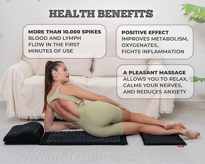 Acupressure Mat Set with 6,210 Pressure Points for Pain Relief and Relaxation Kit for Back, Neck, and Sleep – Yoga and Meditation Pillow (Deep Black)