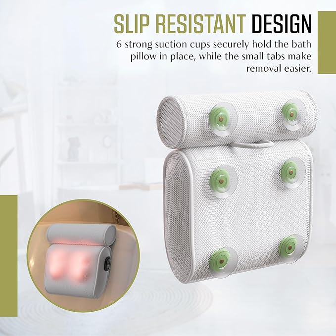 MONET Massaging Bath Pillow - IPX8 Waterproof Bath Pillow for Tub - Soft 4d Mesh Back, Neck and Shoulder Massager - Deep Tissue Relief and Relaxation - Non-Slip 6 Suction Cup - Fits All Tubs