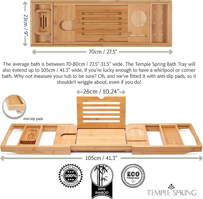 Temple Spring Bamboo Bathtub Tray Caddy for Tub — Expandable Wood Bath Tray with Solid Book Stand Wine Holder and Non-Slip Pads — Includes Bamboo Soap Dish and Spa Accessories — Luxury Bath Gift Set