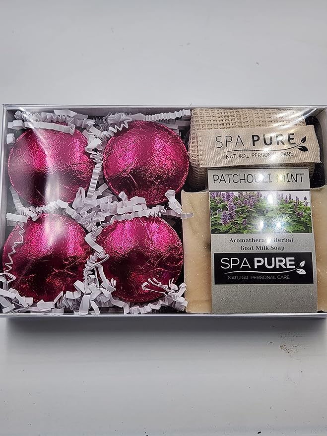 Spa Pure Aromatherapy Gift Set: Patchouli Mint Artisan soap, Shower Steamers, made with plant based ingredients, Cotton Soap & Steamer bag (Patchouli Mint)