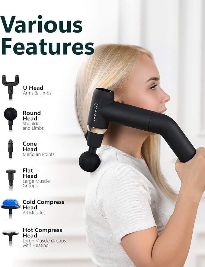 Massage Gun with Detachable Extension Handle for Deep Tissue Muscle Massage – Handheld Back & Shoulder Percussion Heated Massager for Men & Women. Professional Pain Relief Massage Tool.