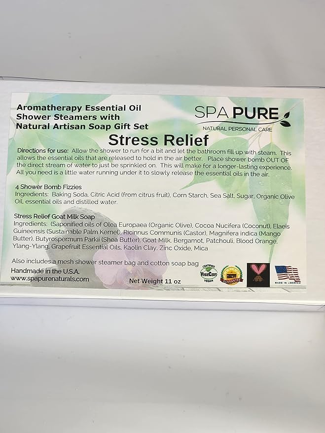 Spa Pure Aromatherapy Gift Set - Stress Relief Artisan Soap & 4 Shower Steamers - Made with Plant Based Ingredients - Cotton Shower Bag & Soap Bag