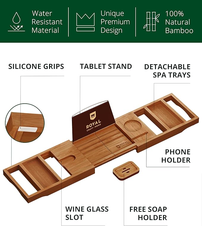 ROYAL CRAFT WOOD Premium Foldable Bathtub Tray Caddy - Wood Bath Tray for Tub, Bamboo Shelf, Expandable Bath Table Trays, Bathtub & Bathroom Accessories for New Home & Mothers, Birthday Gifts for Mom