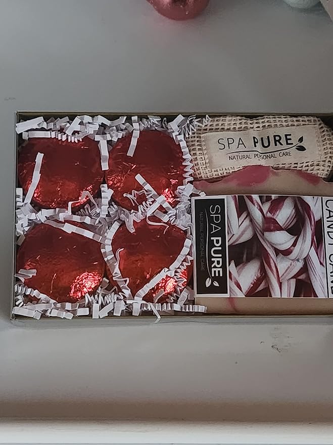 Spa Pure Aromatherapy Gift Set: Candy Cane Artisan soap, 4 Shower Steamers, made with plant based ingredients, essential oils, all natural, Cotton Soap and Steamer Bag