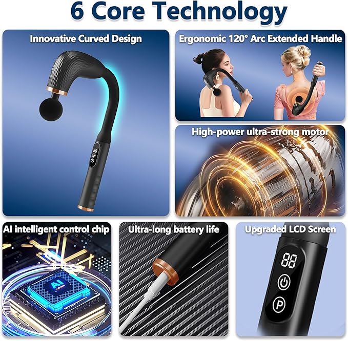 Massage Gun with Upgraded Extension Handle, Back Massager for Pain Relief Deep Tissue, Muscles/Neck/Shoulders/Waist/Legs Massager with 4 Massage Heads & 6 Speed Levels & 3 Massage Modes
