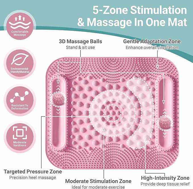 Large Foot Massage Mat with Two Massage Balls, 5-Zone Foot Reflexology Mat for Various Stimulation, Portable Acupressure Pressure Point Pad for Feet Relaxation, Pain, Fatigue Relief(Pink)