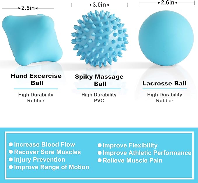 Posture Magic Massage Ball Set for Myofascial Trigger Point Release & Deep Tissue Massage - Set of 6 - Large Foam/Small Foam/Lacrosse/Peanut/Spiky/Hand Exercise Ball (Blue)