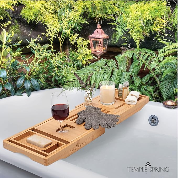 Temple Spring Bamboo Bathtub Tray Caddy for Tub — Expandable Wood Bath Tray with Solid Book Stand Wine Holder and Non-Slip Pads — Includes Bamboo Soap Dish and Spa Accessories — Luxury Bath Gift Set