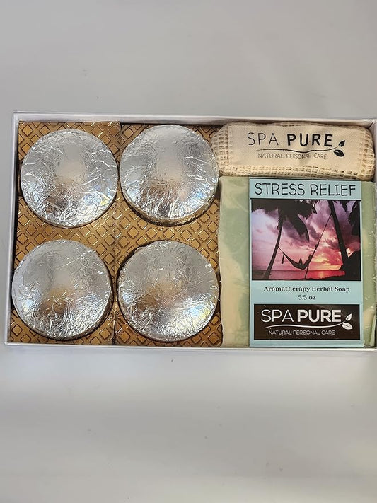 Spa Pure Aromatherapy Gift Set - Stress Relief Artisan Soap & 4 Shower Steamers - Made with Plant Based Ingredients - Cotton Shower Bag & Soap Bag