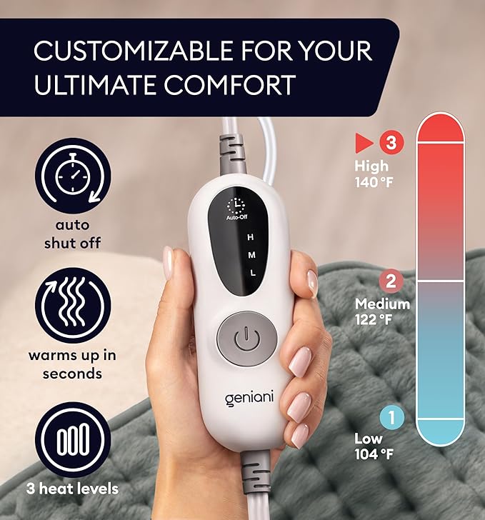GENIANI Electric Heating Pad for Back Pain & Cramps Relief, Electric Throw, Auto Shut Off, Machine Washable, Moist Heat Pad for Neck & Shoulder - Mother’s Day Gifts for Her Him, Extra Large 24x12