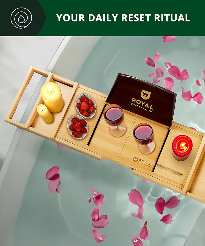 ROYAL CRAFT WOOD Premium Foldable Bathtub Tray Caddy - Wood Bath Tray for Tub, Bamboo Shelf, Expandable Bath Table Trays, Bathtub & Bathroom Accessories for New Home & Mothers, Birthday Gifts for Mom