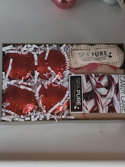 Spa Pure Aromatherapy Gift Set: Candy Cane Artisan soap, 4 Shower Steamers, made with plant based ingredients, essential oils, all natural, Cotton Soap and Steamer Bag