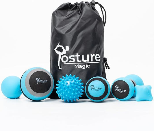 Posture Magic Massage Ball Set for Myofascial Trigger Point Release & Deep Tissue Massage - Set of 6 - Large Foam/Small Foam/Lacrosse/Peanut/Spiky/Hand Exercise Ball (Blue)
