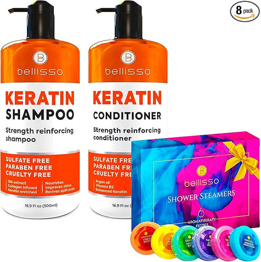BELLISSO Aromatherapy Shower Steamers Set, 6 Fizzies, and Keratin Shampoo and Conditioner Set