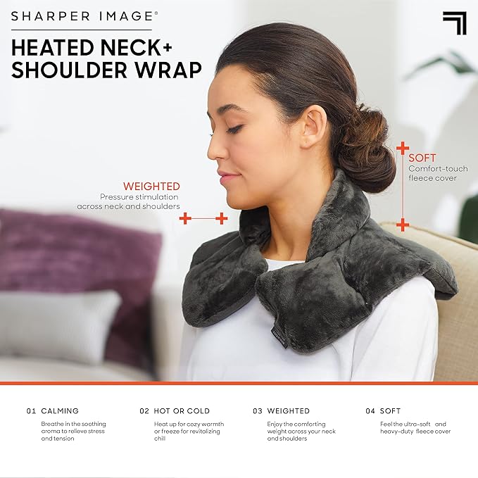 Sharper Image Heated Neck & Shoulder Wrap - Microwavable Warm & Cooling Plush Pad, Scented Aromatherapy (100% Natural Lavender & Herb Spa Blend), Pain Tension Headache Relief Therapy, Gift for Women