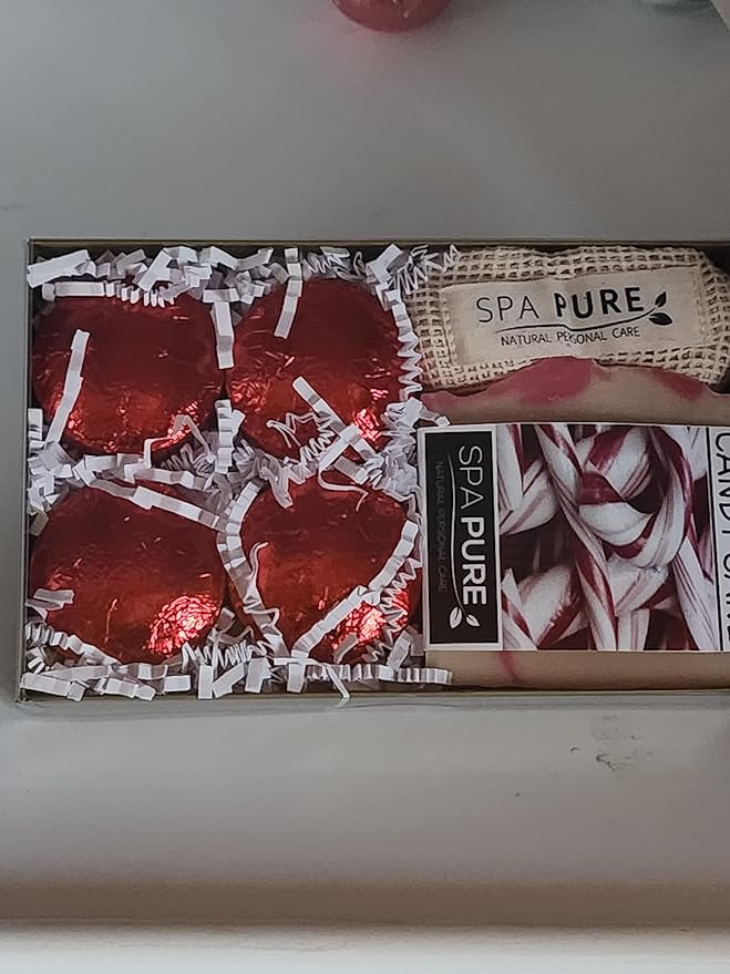 Spa Pure Aromatherapy Gift Set: Candy Cane Artisan soap, 4 Shower Steamers, made with plant based ingredients, essential oils, all natural, Cotton Soap and Steamer Bag