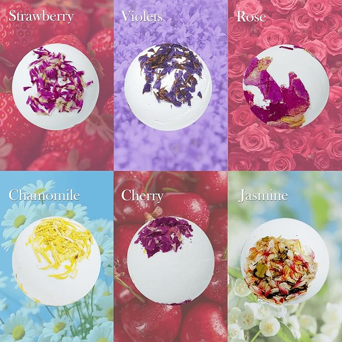Aromatherapy Bath Bombs with Real Dried Flower Petals - 6 Pack Handmade SPA Gift Set for Women, Moisturizing Natural Essential Oil Fizzies for Stress Relief & Relaxation Home SPA