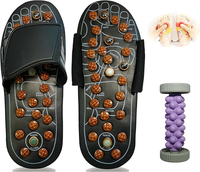 Acupressure Sandals,Acupressure Foot Massager with Anti-Slip Sole,Plantar Fasciitis Relief with Imitate Person Rotation Finger Pressure (Black, M-Women(7-8.5)/Men(6-7.5))