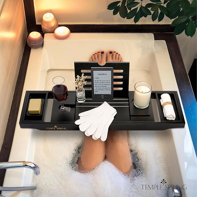 Temple Spring Wooden Bathtub Tray, Bamboo Bathroom Accessories, Bath Tray for Tub, at Home Spa Essentials, Board for Tub Table, Bath Caddy for Bathtub Accessories & Bathroom Essentials – Black