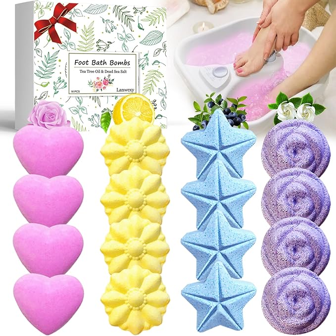 Bath Foot Bombs, 16 Pack Foot Soak with Bath Salt and Tea Tree Oil for Christmas. Organic Natural Handmade Aroma Pure Essential Oil Bubble Feet Balls for Foot Callus, Stubborn Feet Odor Scent.