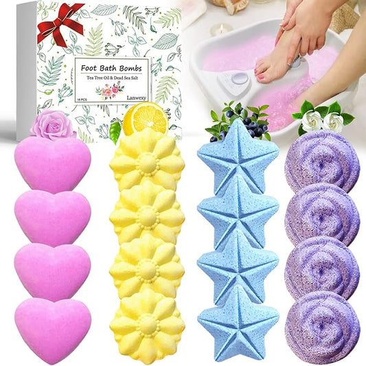 Bath Foot Bombs, 16 Pack Foot Soak with Bath Salt and Tea Tree Oil for Christmas. Organic Natural Handmade Aroma Pure Essential Oil Bubble Feet Balls for Foot Callus, Stubborn Feet Odor Scent.