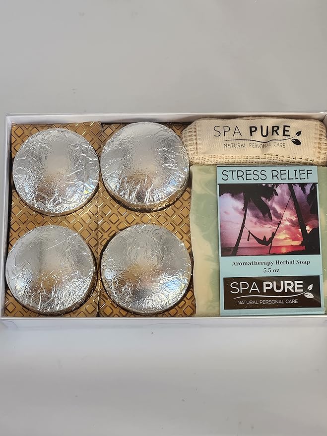 Spa Pure Aromatherapy Gift Set - Stress Relief Artisan Soap & 4 Shower Steamers - Made with Plant Based Ingredients - Cotton Shower Bag & Soap Bag