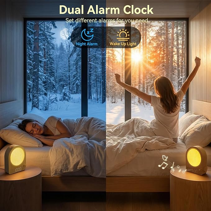 Vivilumens Gradual Sunrise Alarm Clock & White Noise Sound Machine for Better Sleep - Wood Grain Design, Wake-Up Light, Night Light, 10 Natural Sounds, Dual Alarms for Heavy Sleepers