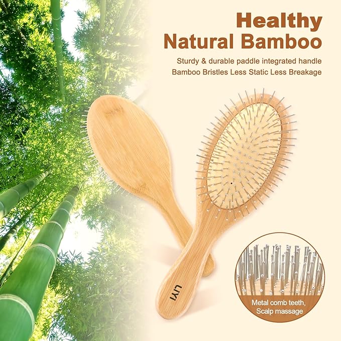 LIYI Bamboo Hair Brush for Hair Growth with Stainless Steel Bristles, Scalp Massager Ergonomic handle Wooden Paddle Brush for Women Men and Kids, for All Hair Types