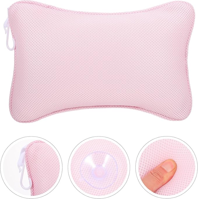 Bath Spa Pillow with Suction Cups, 1pcs Pink 3D Mesh Bathtub Headrest for Neck and Back Support, Breathable Bath Pillow for Tub Relaxation and Spa Use