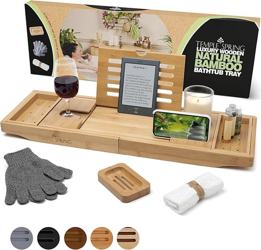 Temple Spring Bamboo Bathtub Tray Caddy for Tub — Expandable Wood Bath Tray with Solid Book Stand Wine Holder and Non-Slip Pads — Includes Bamboo Soap Dish and Spa Accessories — Luxury Bath Gift Set