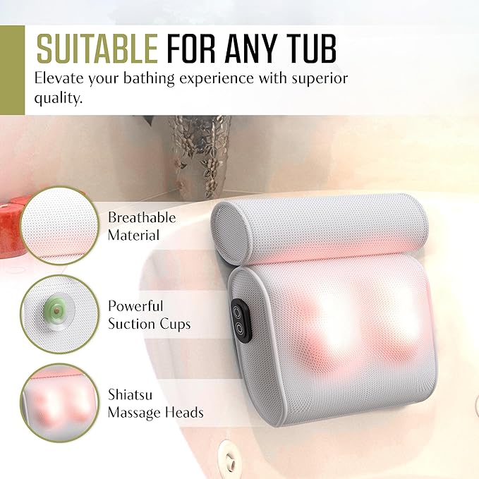 MONET Massaging Bath Pillow - IPX8 Waterproof Bath Pillow for Tub - Soft 4d Mesh Back, Neck and Shoulder Massager - Deep Tissue Relief and Relaxation - Non-Slip 6 Suction Cup - Fits All Tubs