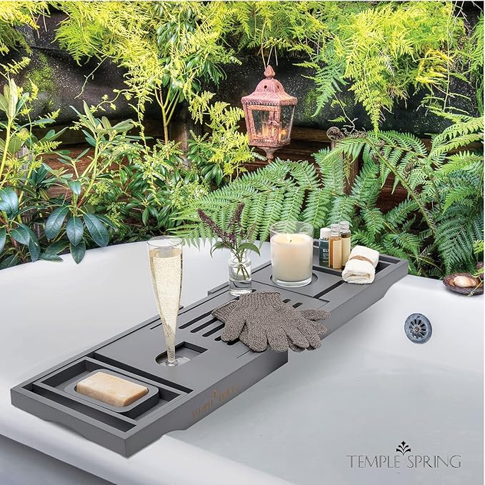 Temple Spring Wooden Bathtub Tray, Bamboo Bathroom Accessories, Bath Tray for Tub, at Home Spa Essentials, Board for Tub Table, Bath Caddy for Bathtub Accessories & Bathroom Essentials – Slate Grey