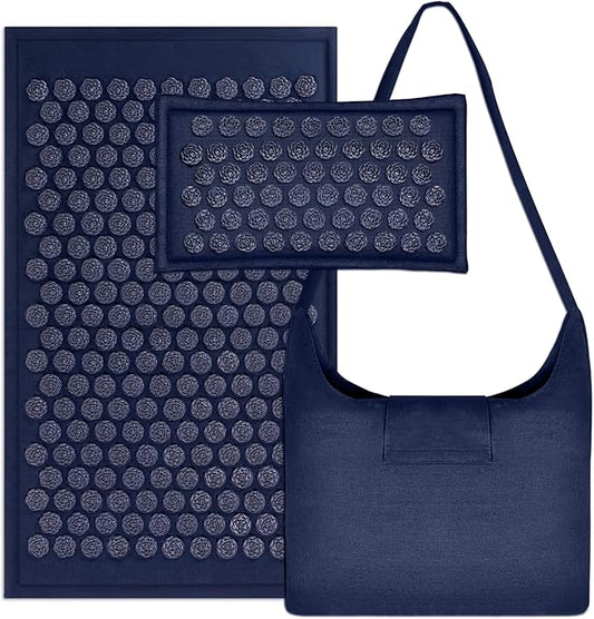 LadyRosian Acupressure Set for Back and Neck Pain Relief, Muscle Relaxation Stress Relief Acupressure Mat and Pillow Set with Bag (Navy Blue)
