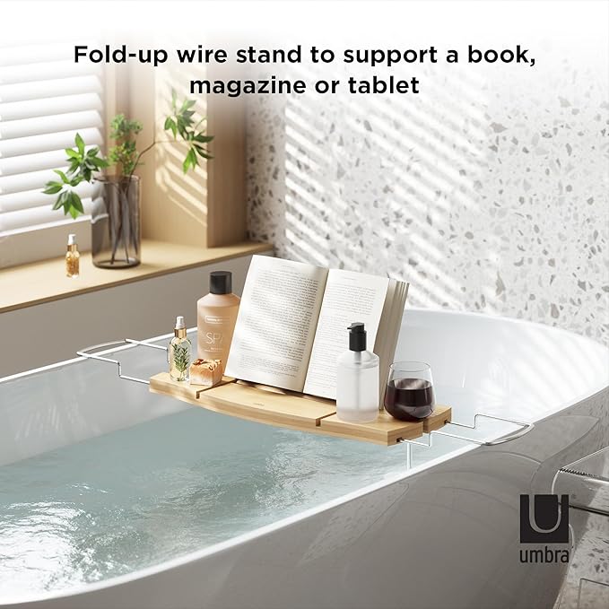 Umbra Aquala Bathtub Tray Extendable Caddy with Book Stand and Wine Glass Holder, Natural