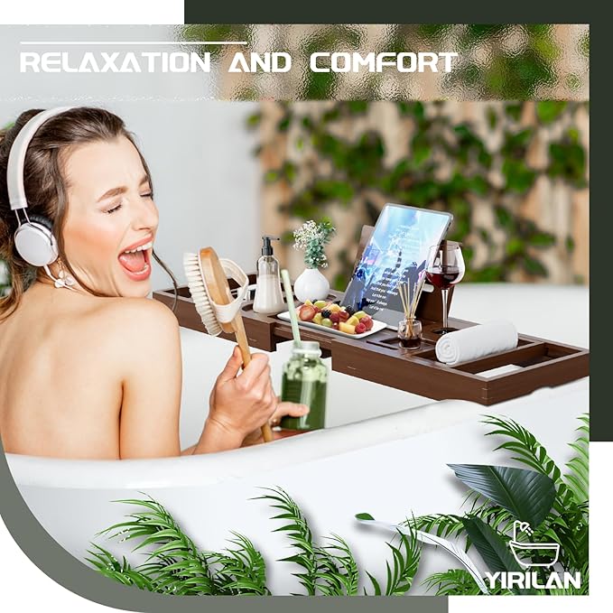 Yirilan Bathtub Trays for Tub,Bath Tray, Foldable Bathtub Caddy,Brown