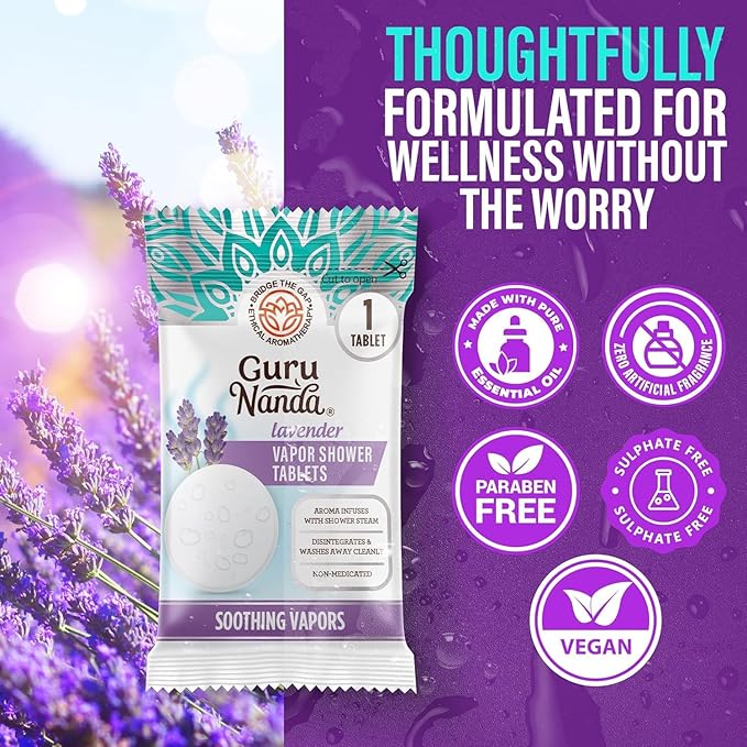 GuruNanda Lavender Vapor Shower Tablets, Clean-Dissolving Aromatherapy Shower Steamers with Lavender & Menthol, Soothes & Promotes Relaxation, Ideal for Gifting, 5 Count