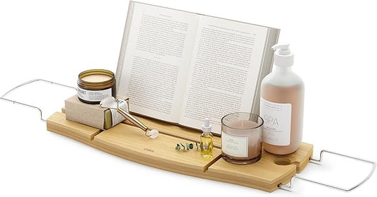 Umbra Aquala Bathtub Tray Extendable Caddy with Book Stand and Wine Glass Holder, Natural