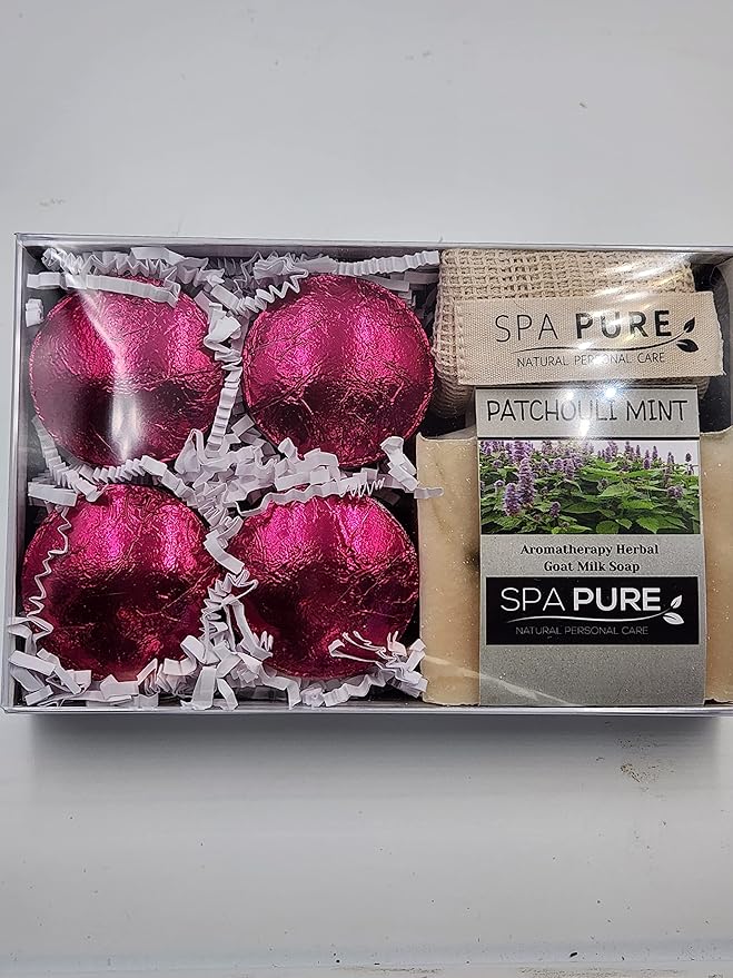 Spa Pure Aromatherapy Gift Set: Patchouli Mint Artisan soap, Shower Steamers, made with plant based ingredients, Cotton Soap & Steamer bag (Patchouli Mint)