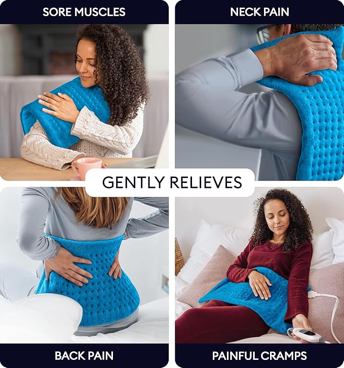 GENIANI Electric Heating Pad for Back Pain & Cramps Relief, Electric Throw, Auto Shut Off, Machine Washable, Moist Heat Pad for Neck & Shoulder - Valentines Day Gifts for Her (12×24", Aqua Blue)